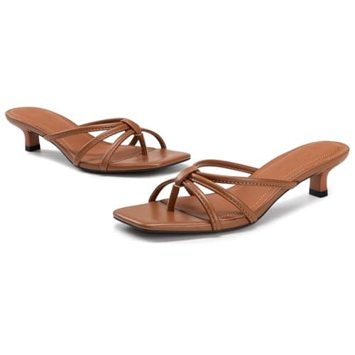 Athlefit Brown Heels Strappy Square Toe Flip Flop Short Kitten Heels for Women Slip On Fashion Low Heel Thong Sandals Size 6 - Thumbnail 6