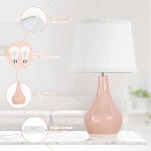 Seealle Modern Pink Table Lamps Set of 2 - Bedroom Lamps for Nightstand,19.4" Bedside Pink Lamp for Girls Room Living Room with Rocker Swtich - Thumbnail 6