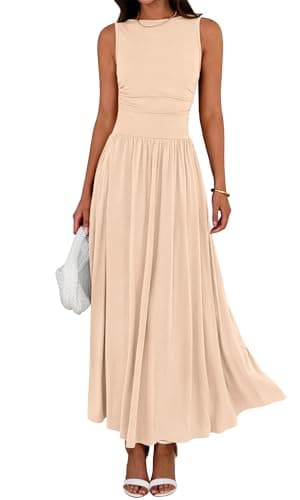 BTFBM Summer Maxi Dresses for Women 2026 Spring Sleeveless Casual Ruched High Waisted Long Sundress Flowy Beach Dress(Beige, XX-Large) - Image 1