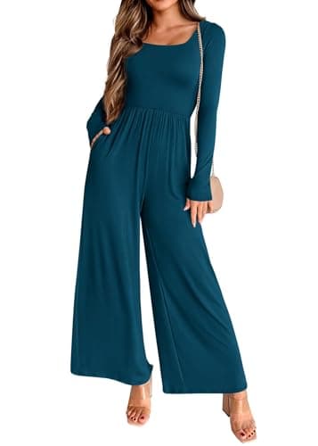 KIRUNDO Long Sleeve Jumpsuit for Women 2026 Spring Outfits Summer One Piece Square Neck Wide Leg Pants Romper With Pockets(Lake Blue, Medium) - Image 1