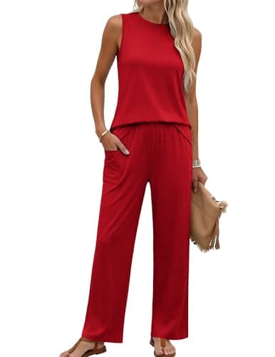 Ekouaer Two Piece Sets for Women Summer Outfits Sleeveless Lounge Sets Tank Tops and Pants Vacation Travel Outfits,Medium,Red - Image 1