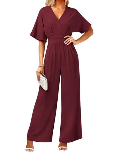 LOOKBOHO Womens Short Sleeve Dressy Jumpsuits V Neck Wide Leg Pant Romper Casual Wedding Party One Piece Outfits Red M - Image 1