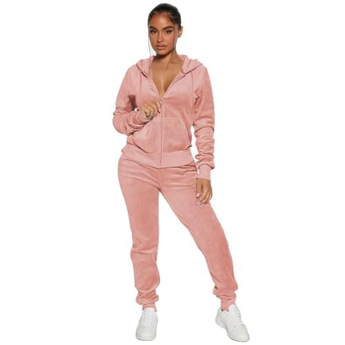 Womens 2 Piece Velour Tracksuit Two Piece Soft Velvet Hooded Outfits for Women, Longsleeve Zip Up Hoodie Workout Pants Jogging Sets Sweatpants Matching Suit Sports Sweatshirt Athletic Set with Pockets - Image 1