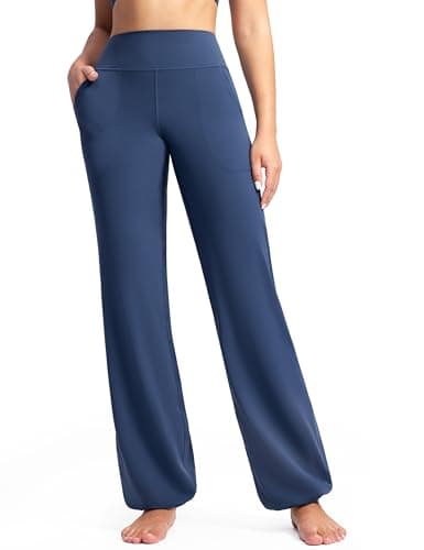 POSHDIVAH Women's Creamluxe Elastic Bottoms Straight Leg Sweatpants High Waisted Casual Pants Yoga Athletic Joggers with Pockets 29" Navy Blue Small - Image 1