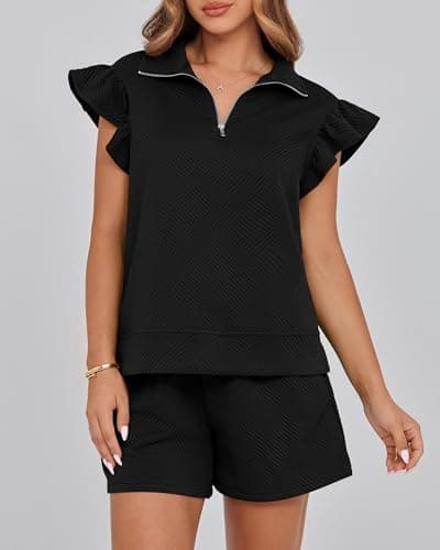 BTFBM Womens 2 Piece Outfits Spring Sweatsuit Zipper V Neck Casual Ruffle Cap Sleeve Tops Drawstring Shorts Lounge Sets(Black, Small) - Thumbnail 2