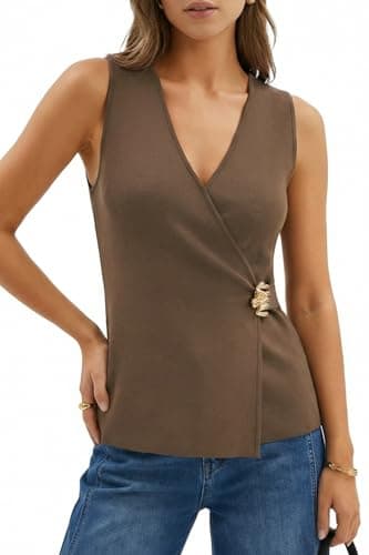 Arach&Cloz Women's Lyocell Blend Wrap V Neck Sweater Vest Business Casual Outfits 2026 Coffee L - Image 1