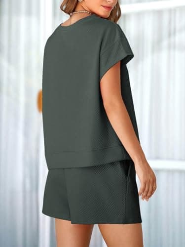 Tankaneo Womens Loungewear Set Short Sleeve Tops and Shorts 2 Piece Outfits Matching Lounge Pajama Set with Pockets Dark Grey - Thumbnail 2