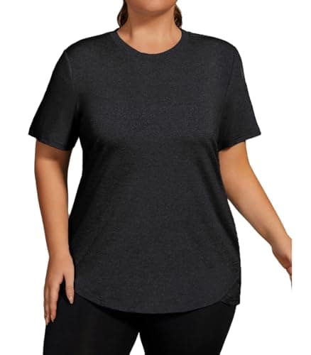 Hithymo Plus Size Workout Tops for Women, Short Sleeve Loose Fit Gym Tshirts Tunic Length Crewneck Quick Dry Lightweight Breathable Sweat-Wicking Maternity Shirts Black - Image 1