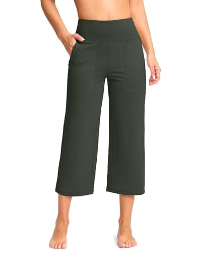 G Gradual Women's Capri Pants with Pockets High Waist Yoga Pants Wide Leg Workout Crop Summer Pants for Casual, Travel, Exercise(Army Green, Inseam 21, M) - Image 1