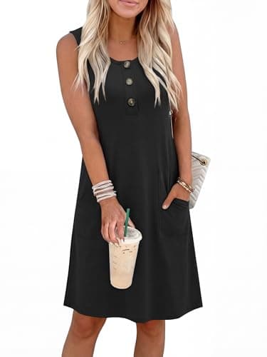 ANRABESS Women Summer Dresses 2026 Casual Sleeveless Button Down Mini Sundress Beach Loose Tank Dress Coverup with Pockets Black Large - Image 1