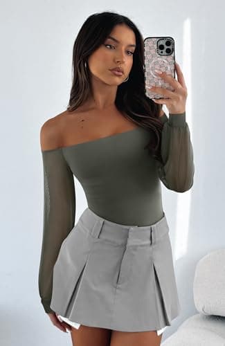 REORIA Womens Going Out Off The Shoulder Sheer Mesh Puff Long Sleeve Thong Bodysuit Tops Grayish Green Medium - Thumbnail 6