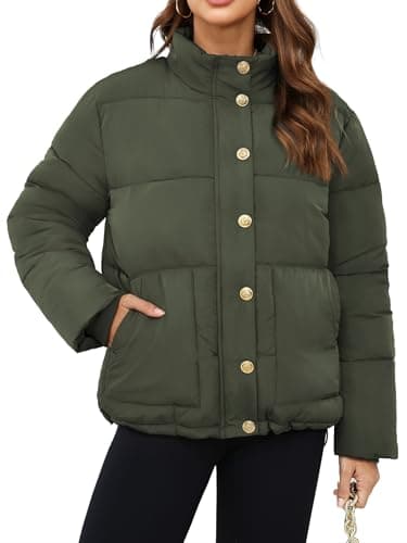 Funlingo Womens Cropped Puffer Jacket Winter Casual Stand Collar Short Lighweight Warm Coat Padded Puffy Quilted Pocket Outerwear Grey Green S - Image 1