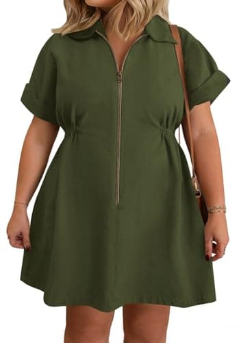 Beautife Women's Plus Size Shirt Dress Short Sleeve Zip Up Lapel Summer Casual Mini Dresses with Pockets Army Green - Image 1