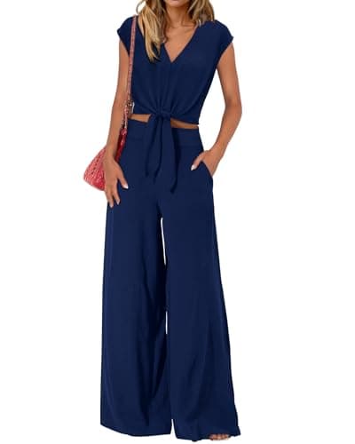PRETTYGARDEN Two Piece Pants Set For Women Trendy Sleeveless Smocked Short Shirt Flowy Palazzo Pant Casual Lounge Wear(Solid Dark Blue,X-Large) - Image 1