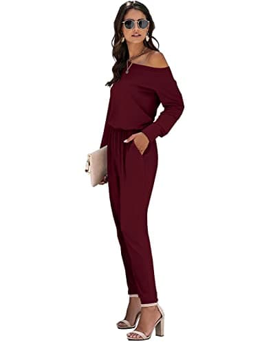STOLKISS One Shoulder Jumpsuits for Women Dressy Elegant Long Sleeve Pants Jumper One Piece Outfits Rompers with Pockets Red - Thumbnail 2