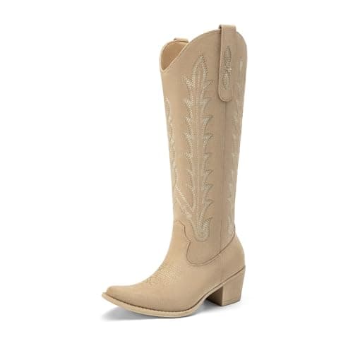 Athlefit Western Cowboy Boots for Women Knee High Cowgirl Comfortable Pull On Block Heel Pointed Toe Embroidered Camel Suede Tall Boots for Travel Walking Camel Suede Size 11 - Image 1