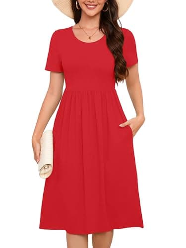 DEARCASE Summer Midi Dresses for Women Red Medium Short Sleeves A line Casual Wedding Guest Flowy Swing Cocktail Slimming Birthday Party Holiday Spring Travel Long Dress with Pockets - Image 1