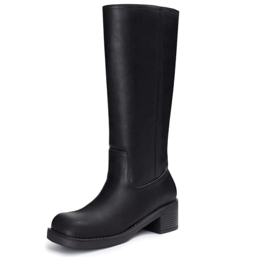 Athlefit Black Knee High Boots for Women Square Toe Fashion Tall Boots Slip On Dress Chunky Low Heel Booties Size 9 - Image 1