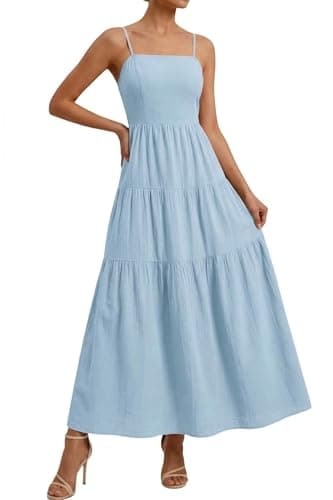 Okiwam Women's Summer Dress 2026 Casual Boho Sleeveless Spaghetti Strap Smocked Maxi Dress Ruffle Long Beach Sundresses-L Blue - Image 1