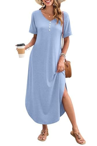 MOLERANI Summer Maxi Dresses for Women 2026 Flowy Maxi Dress with Pockets Casual Long Sundress for Summer T Shirt Dress,Sky Blue,M - Image 1