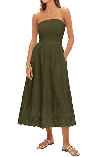 PRETTYGARDEN Womens Summer Dresses 2026 Sexy Sleeveless Tube Top Long Dress Eyelet Cotton Maxi Beach Sundress Pockets(Army Green,Small) - Image 1