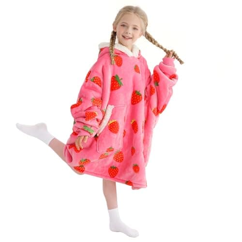 Kipswiza Strawberry Blanket Hoodie Gifts for Kids, Oversized Soft Sherpa Fleece Wearable Blankets Sweatshirt for Girls Mom's Daughter Sisters - Image 1