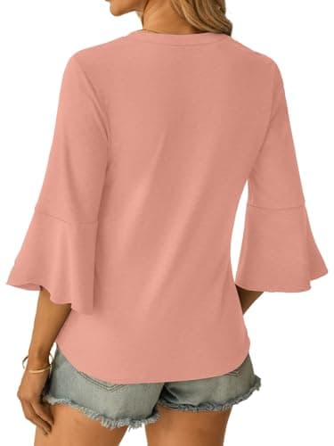 GKBK Women's Blouses Ruffle 3/4 Sleeve Dressy Top V Neck Casual Tunic Blouses Business Shirts Pink L - Thumbnail 6
