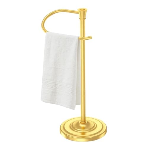 Brass Gold Bath Hand Towel Holder Stand,Stainless Steel 16 Inch Free Standing Towel Rack,Heavy Weight Towel Bar for Bathroom Vanity Countertop &Kitchen - Image 1