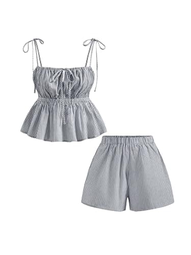 MakeMeChic Women's 2 Piece Summer Outfits Striped Tie Shoulder Peplum Shirred Tops and Shorts Set Blue a X-Small - Image 1