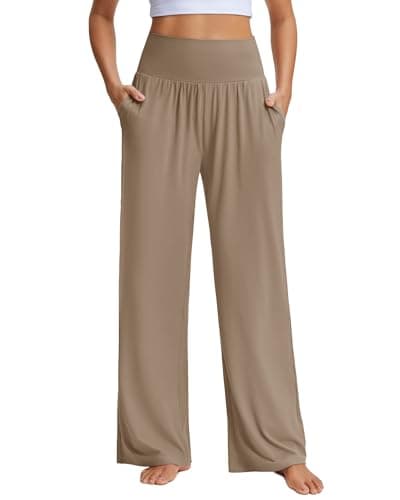 Stelle High Waisted Wide Leg Pants for Women Loose Yoga Sweatpants Comfy Lounge Pants with Pockets 26/28/30 Inseam Brown - Image 1