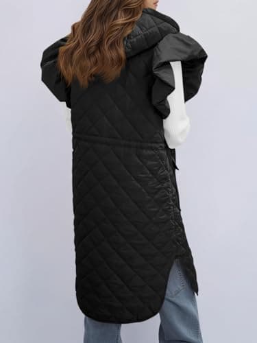 Tankaneo Womens Long Puffer Vest Ruffle Sleeve Winter Coats Hood Sleeveless Quilted Jackets Outwear - Thumbnail 3