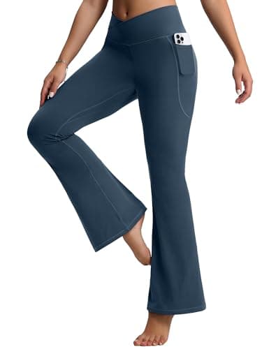 MathCat Women's Flare Yoga Pants Bootcut with Pockets, High Waisted V Crossover Workout Leggings for Yoga, Gym, Lounge True Navy - Thumbnail 2