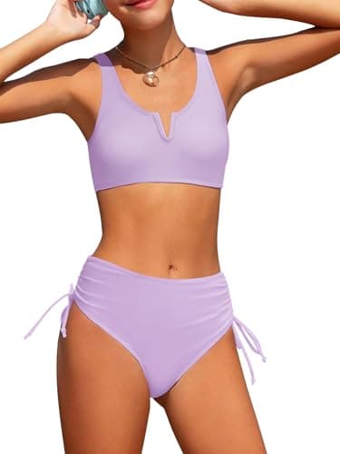 AMAWMW Girls Swimsuits Solid V-Neck Cutout Bikini Set Two Piece Bathing Suit for Teen Girls Size 7-16Y, Purple, 7-8 Years - Image 1