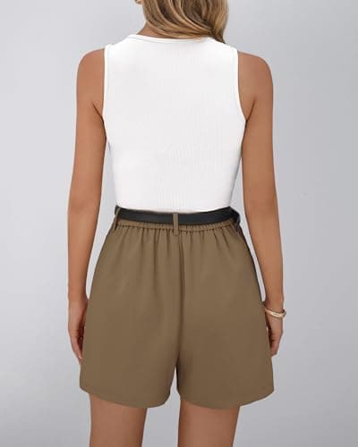 BTFBM 2 Piece Sets for Women Summer 2026 Sleeveless Matching Short Sets Tank Crew Neck Airport Travel Outfits Pockets(White+Dark Khaki, Large) - Thumbnail 3