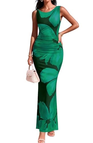 BTFBM Women Floral Cocktail Wedding Guest Dress Summer Spring 2026 Twist Strap Bodycon Mesh Beach Vacation Maxi Dresses(Floral Dark Green, Large) - Image 1