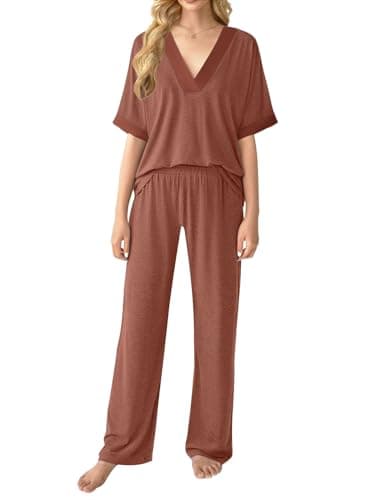 GKBK Womens Two Piece Outfits Pajama Sets 3/4 Dolman Sleeve V Neck Sleepwear Nightwear Loungewear Matching Pjs 2 Piece Lounge Set Lightweight Sweatsuit Fall Fashion Ooutfit Brown L - Thumbnail 2