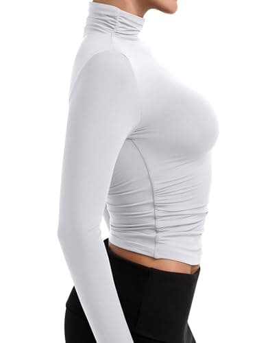 PINKMSTYLE Turtleneck Long Sleeve Backless Top Womens Ruched Double Lined Tops Sexy Outfit for Going Out White Large - Thumbnail 2