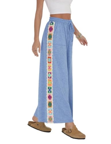 Fenclushy Womens Wide Leg Pants Stretch Casual Drawstring Waist Pants Loose Lounge Sweatpants Crochet Panel Pants with Pockets(Blue,M) - Image 1