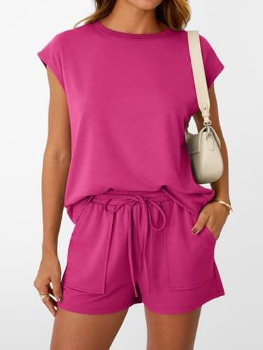 LILLUSORY Womens Lounge Two 2 piece Sets Summer Outfits 2026 Loungewear Matching Vacation Beach Travel Sweatsuits Sweat Tracksuits Pajamas Pjs Clothes Shorts Clothing Fashion Trendy Black Hot Pink L - Thumbnail 2