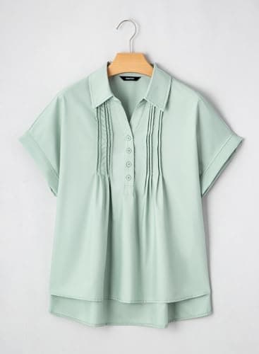 Dokotoo Plus Size Tops for Women Dressy Casual Chiffon Blouse Short Sleeve Shirts for Women Collared V Neck Work Office Button Down Shirt Solid Loose Fit T-Shirts Mist Green Polo Shirts XX-Large - Thumbnail 5