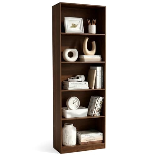 VAFHYLLIS Bookshelf, 5 Cube Storage Organizer Bookshelves Bookcases, Floor Freestanding 5 Tiers Open Storage Shelves 71 Inches Tall Bookcase Furniture for Home Office, Living Room, Walnut Color