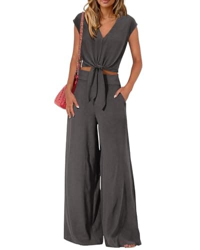PRETTYGARDEN Women's Summer 2 Piece Outfits 2026 Cap Sleeve V Neck Belted Crop Tops Wide Leg Pant Sets Casual Tracksuit(Solid Dark Grey,Medium) - Image 1