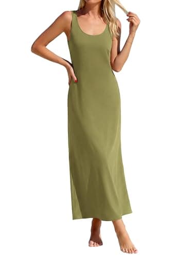 BTFBM Womens Summer Tank Dress 2026 Sleeveless Scoop Neck Boho Sundress Satin Loose Party Beach Dresses(Army Green, Medium) - Image 1