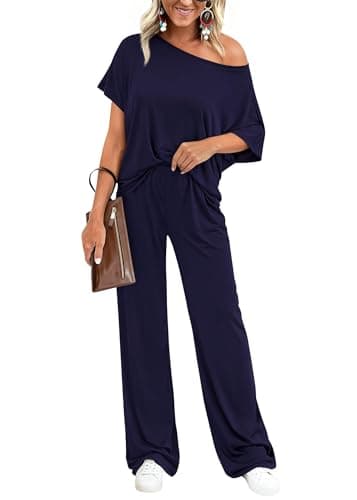 KIRUNDO Lounge Sets for Women Airport Travel Outfit 2026 Summer Off the Shoulder Tops Wide Leg Pants 2 Piece Matching Set(Navy, Medium) - Image 1