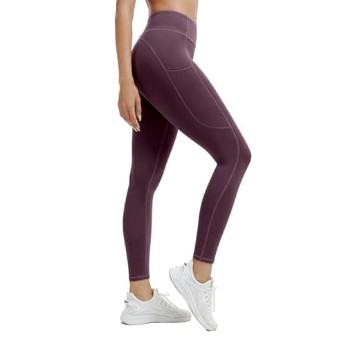 AMLEER Leggings for Women with Pockets, Tummy Control Yoga Pants, Buttery Soft Non See Through Squat Proof High Rise Workout Leggings for Gym Daily Travel, Brownish, Small - Image 1