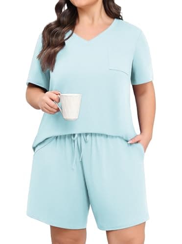 Lastshe Womens Plus Size Pajama Set 2 Piece Soft V Neck Short Sleeve with Pockets Summer Shorts Sleepwear Pjs Lounge Set,Light Blue-1X - Image 1