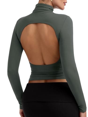 PINKMSTYLE Womens Long Sleeve Turtleneck Open Back Tops Double Lined Ruched Top Date Night Outfit Gray Green Small - Image 1