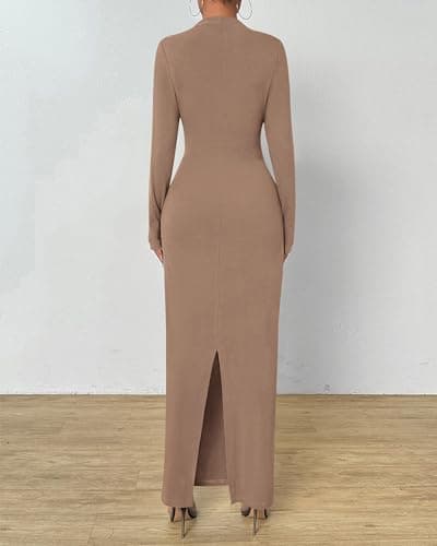 BTFBM Women Bodycon Maxi Dress Long Sleeve Back Slit Ruched Elegant Party Cocktail Formal Fall Wedding Guest Dresses(Khaki, X-Large) - Thumbnail 3
