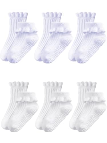 ALLOVIN 6 Pairs Non-Slip Ruffle Lace Socks for Baby & Toddler Girls – Soft Cotton Grip Socks | Pure White/Off-White | 6-12 Months - Image 1