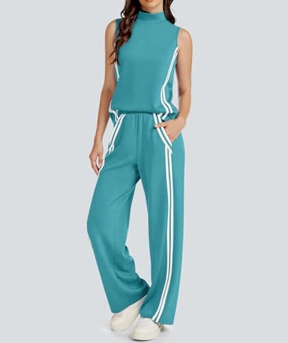 Casly Lamiit Lounge Sets for Women 2 Piece Casual Travel Outfits Matching Active Airport Sweatsuit Mock Neck Tops Wide Leg Track Pants Viridian Green L - Thumbnail 4